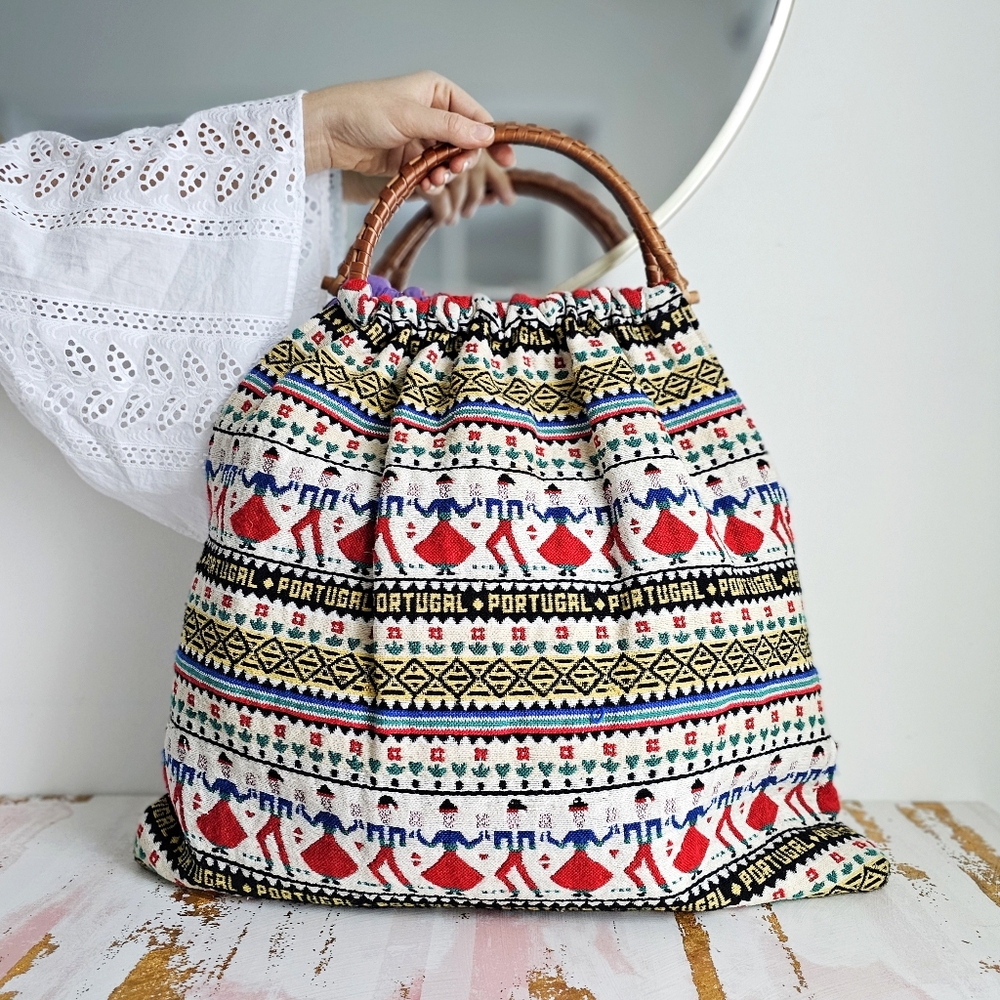 Vintage 70s Portugal Woven Tapestry Boho Hippie Bag Folk Dancers Rattan Handles